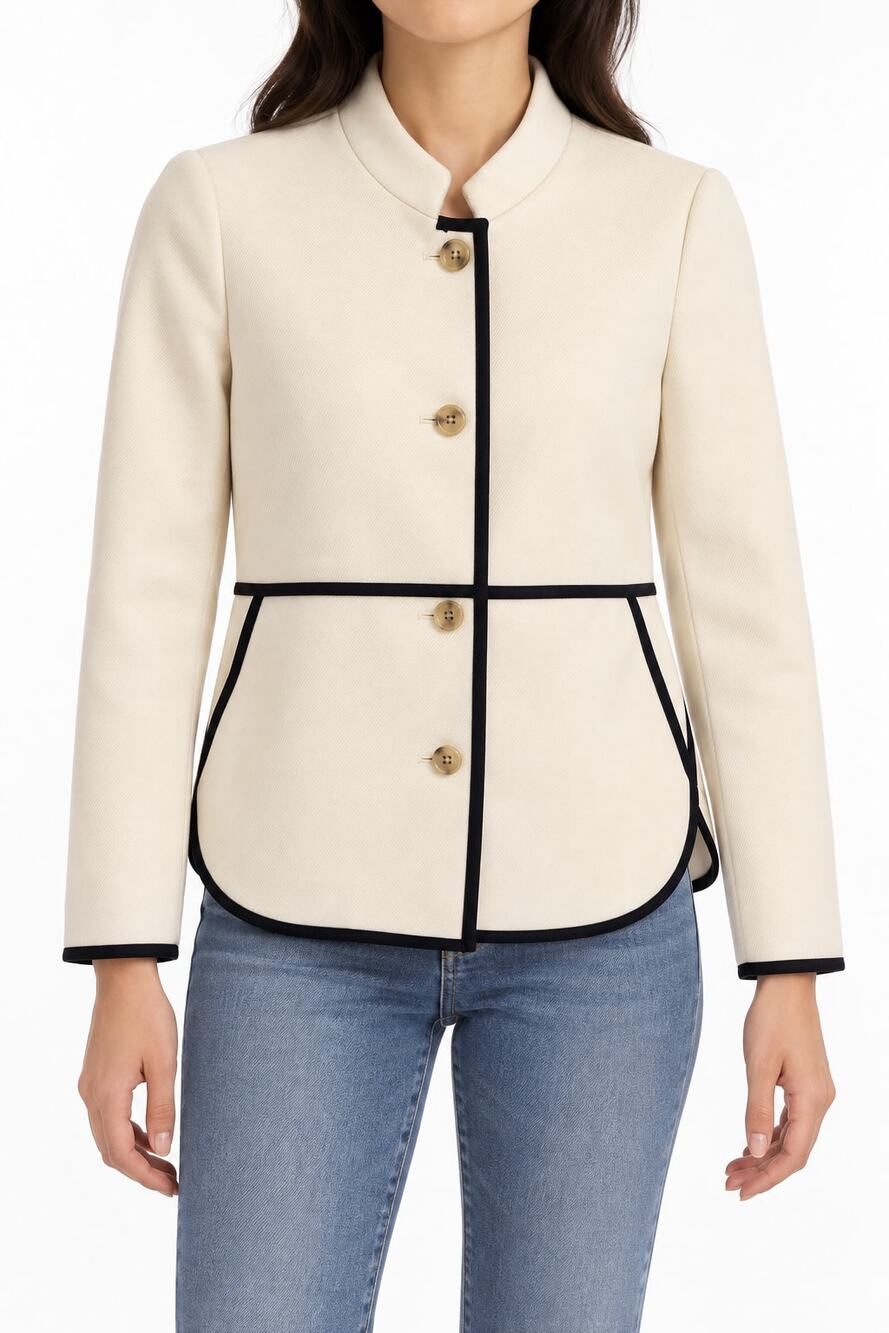J.Crew B8544 Tipped Twill Blazer Jacket Cream Dark Navy/Black Piping 00P Petite